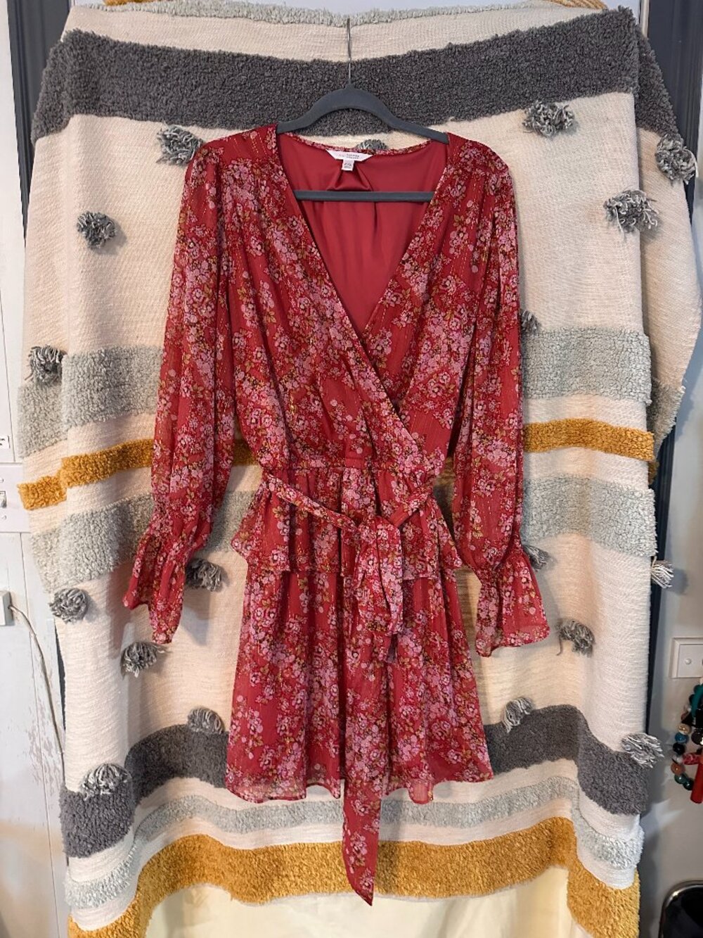 LC Lauren Conrad Metallic Gold Striped Floral Faux Wrap Tiered Dress - XXL